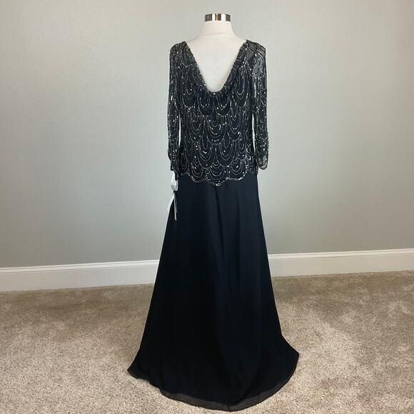 JKara Beaded Chiffon Long Sleeve A-Line Evening Gown Black Size 6 Formal Dress - Picture 2 of 9